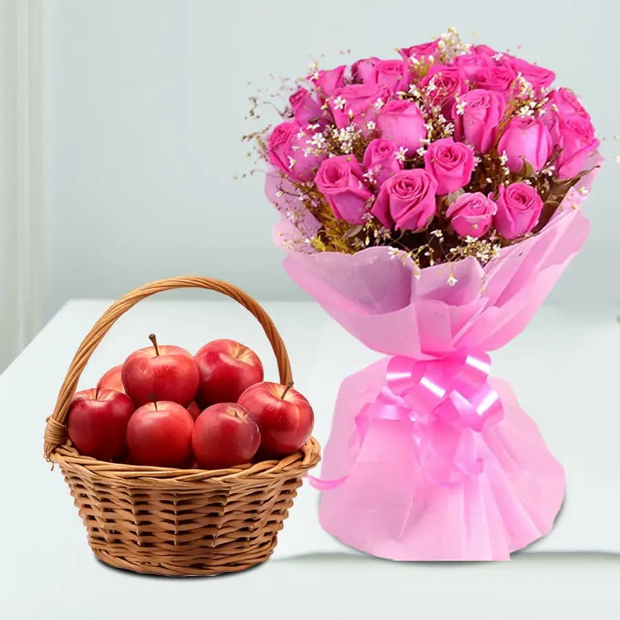 Delicious Fresh Apples Basket with Pink Roses Bouquet