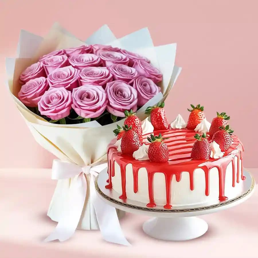 Yummy Strawberry Cake with Pink Roses Bouquet