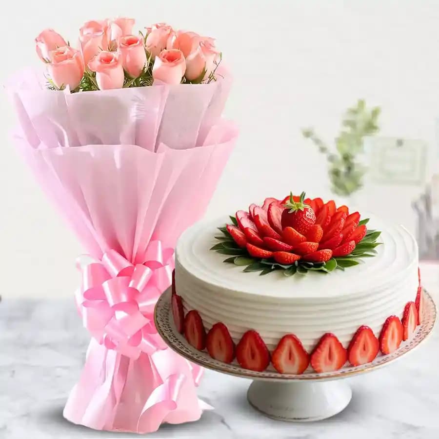 Yummy Strawberry Cake with Pink Roses