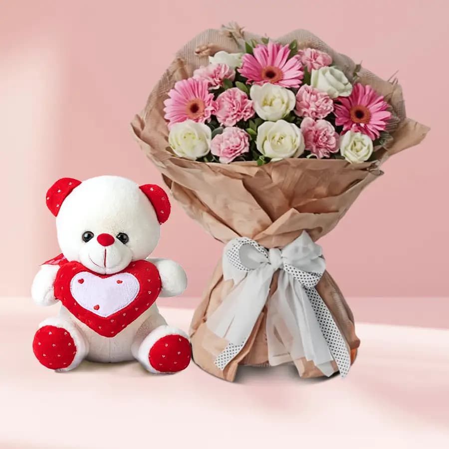Classy Mixed Flower Basket with Teddy Bear