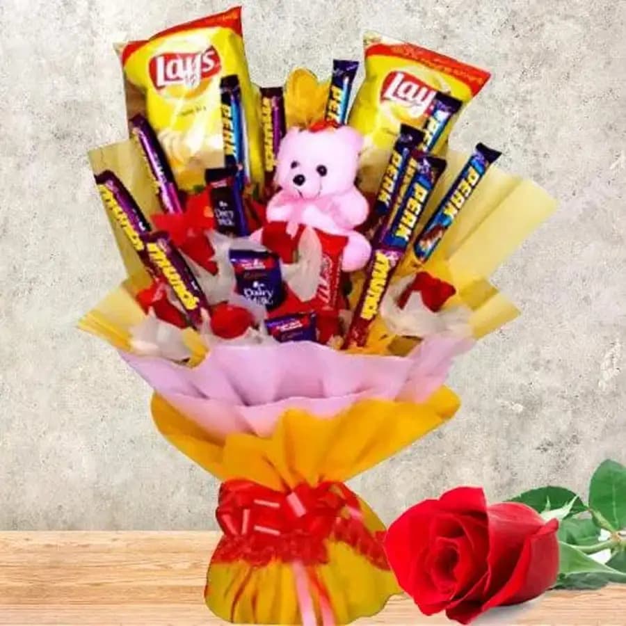 Marvelous Bouquet of Chocolates Chips N Teddy with Single Red Rose
