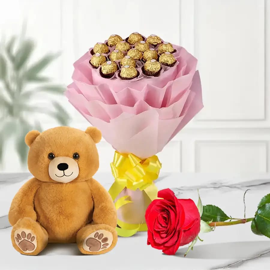 Marvelous Brown Teddy with Ferrero Rocher Chocolate with Single Red Rose