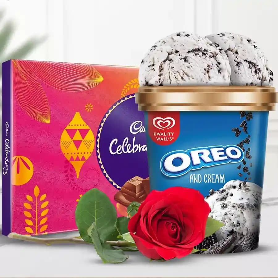 Yummy Cadbury Celebration Oreo Ice Cream N Single Rose Gift Combo