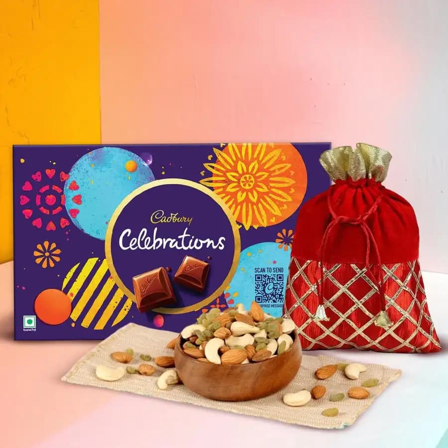 Delicious Dry Fruits Potli with Cadbury Celebrations Pack