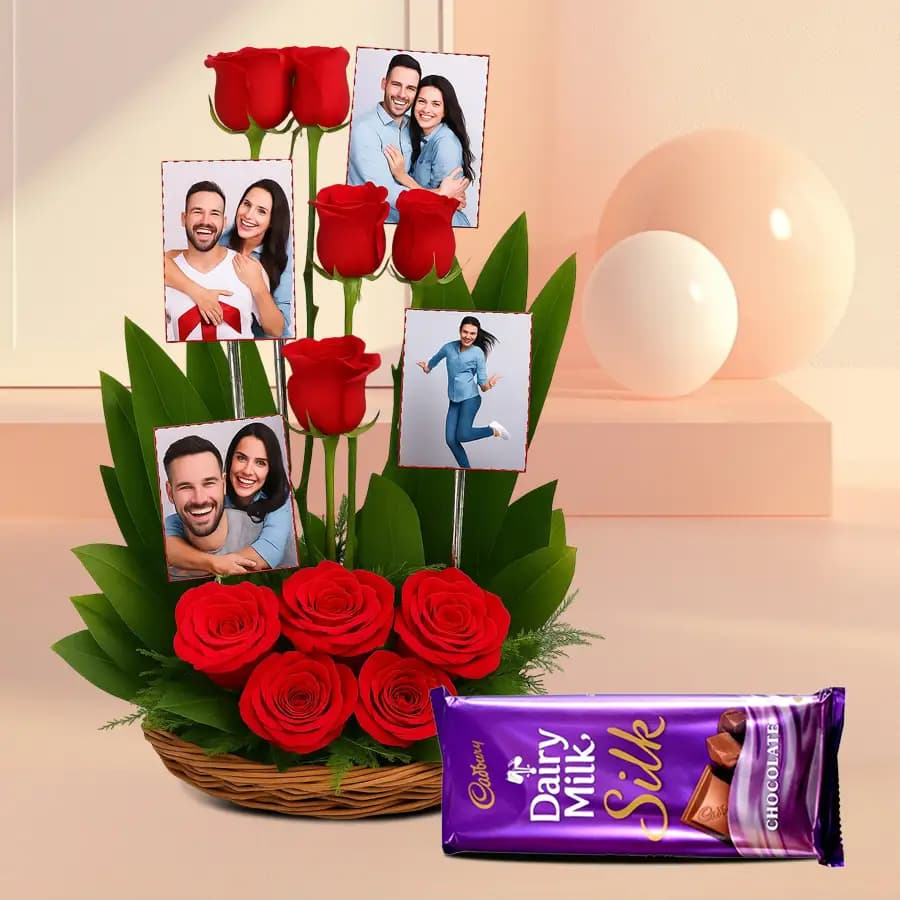 Eternal Romance Basket of Personalized Photo n Red Roses with Cadbury Silk