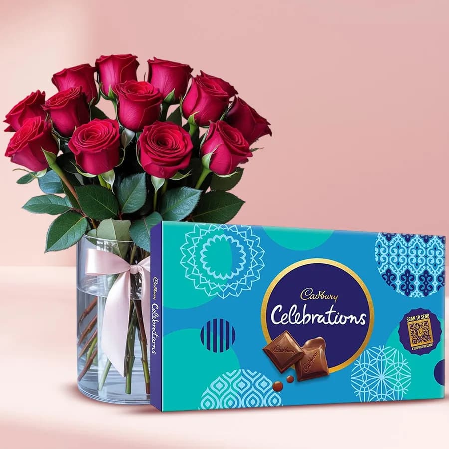 Impressive Gift of Red Roses in Vase with Cadbury Celebrations