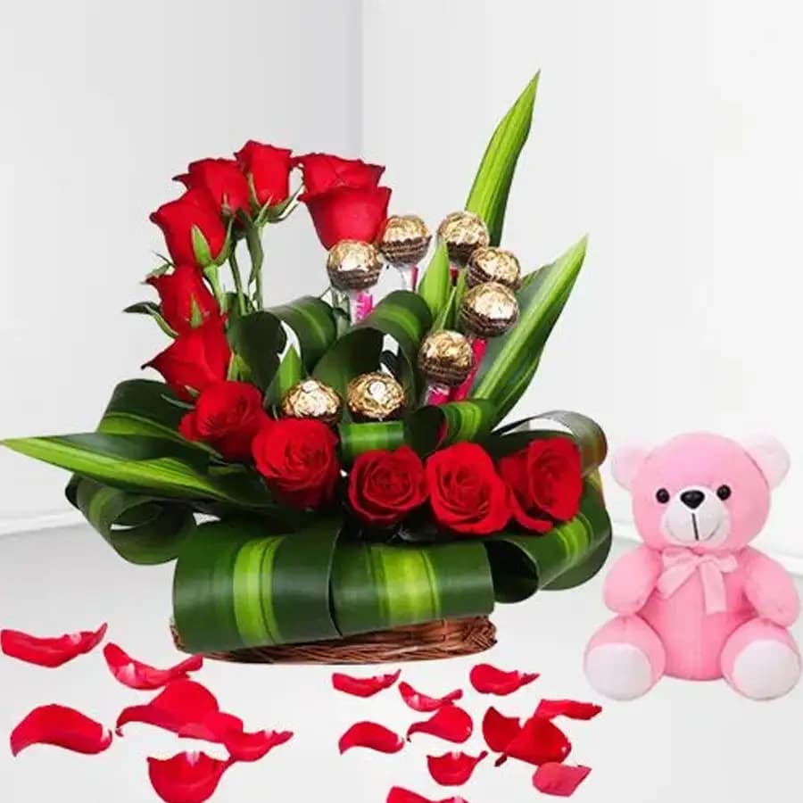 Impressive Heart Bunch of Red Roses n Ferrero Rocher with Cute Teddy