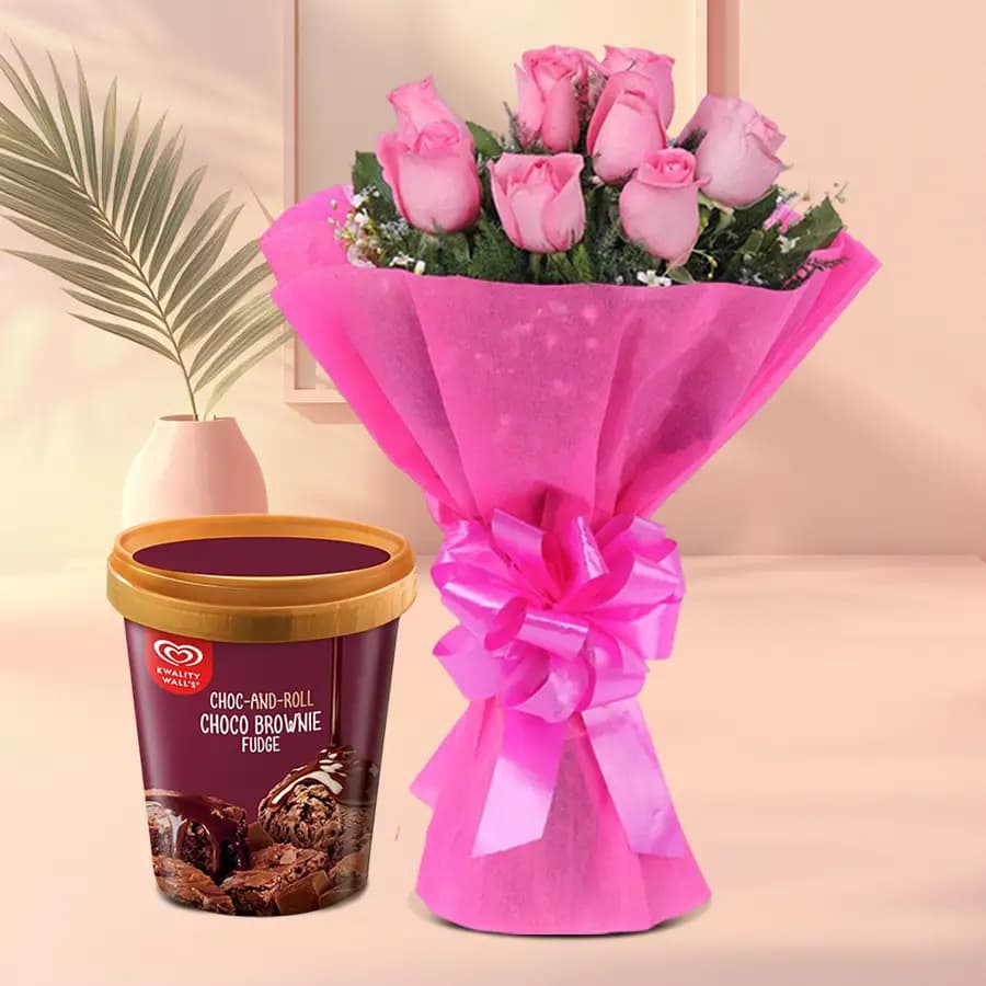 Fantastic Pink Rose Bouquet with Kwality Walls Choco Brownie Ice Cream