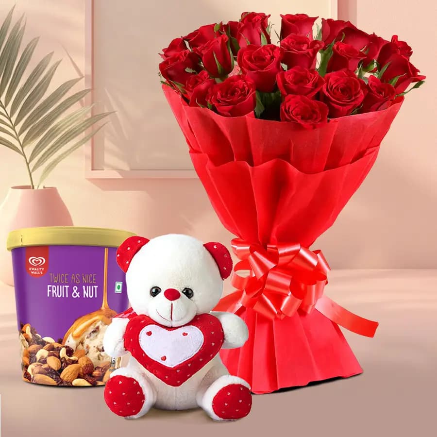 Splendid Roses with Kwality Walls Fruit n Nut Ice Cream n Love Teddy