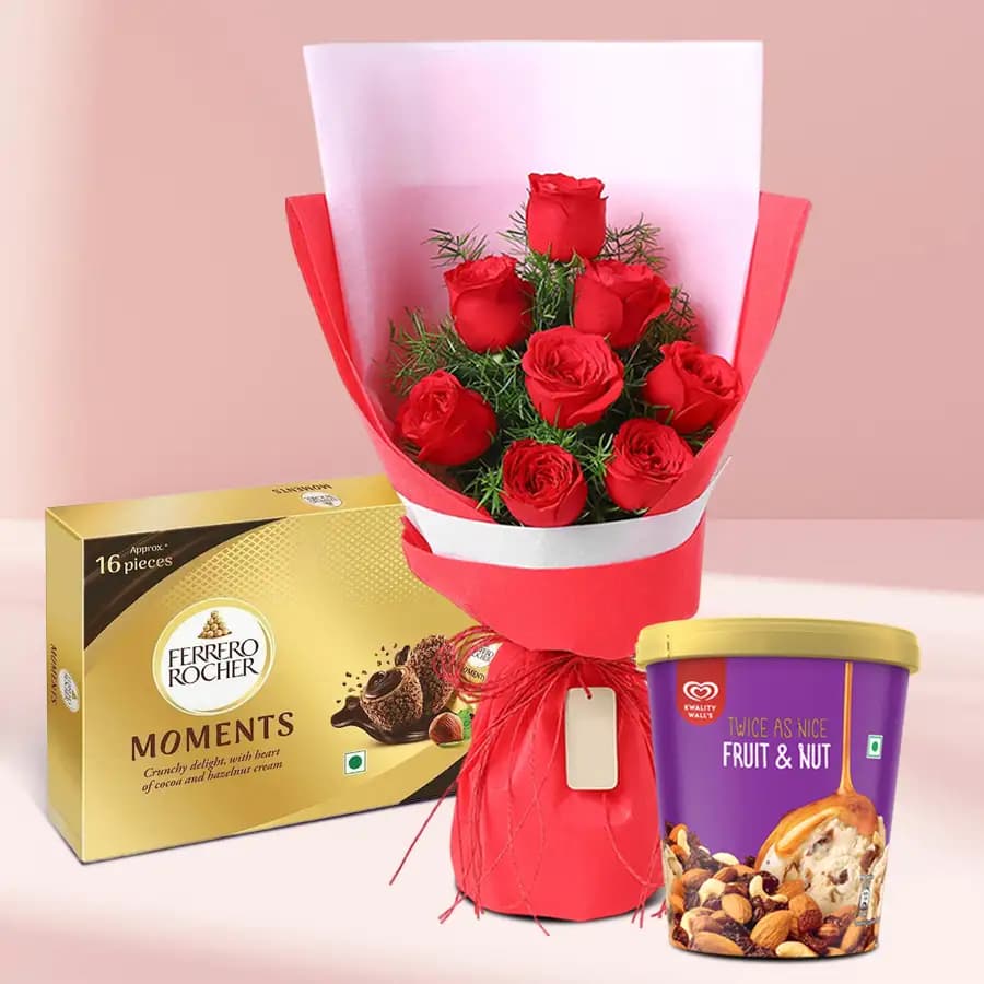 Gorgeous Rose with Kwality Walls Fruit n Nut Ice Cream N Ferrero Moment