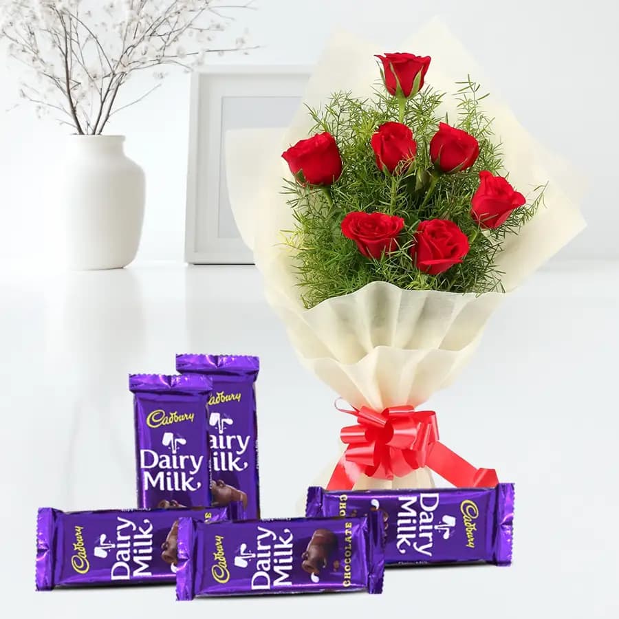 Lovely Red Roses Bouquet with Cadbury Dairy Milk