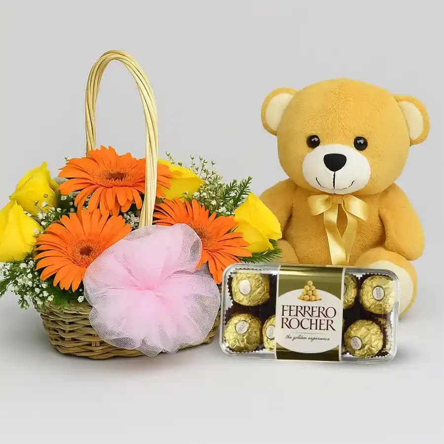 Teddy Bear Delight: Flowers & Chocolates Gift Set