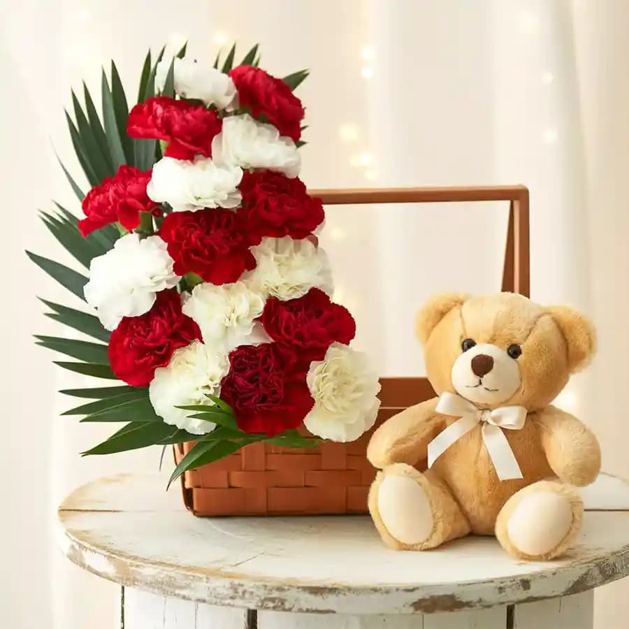 Charming Teddy Bear & Carnation Surprise