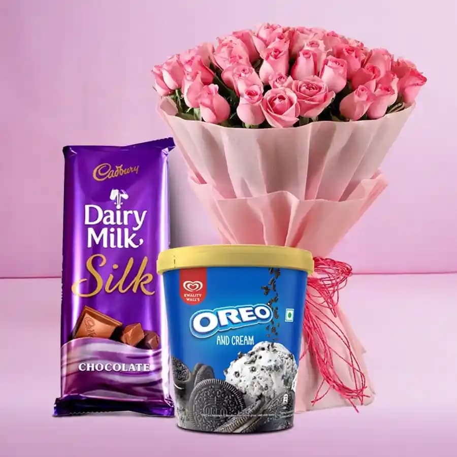 Special Pink Roses Bouquet with Kwality Walls Oreo Ice Cream n Cadbury Chocolate