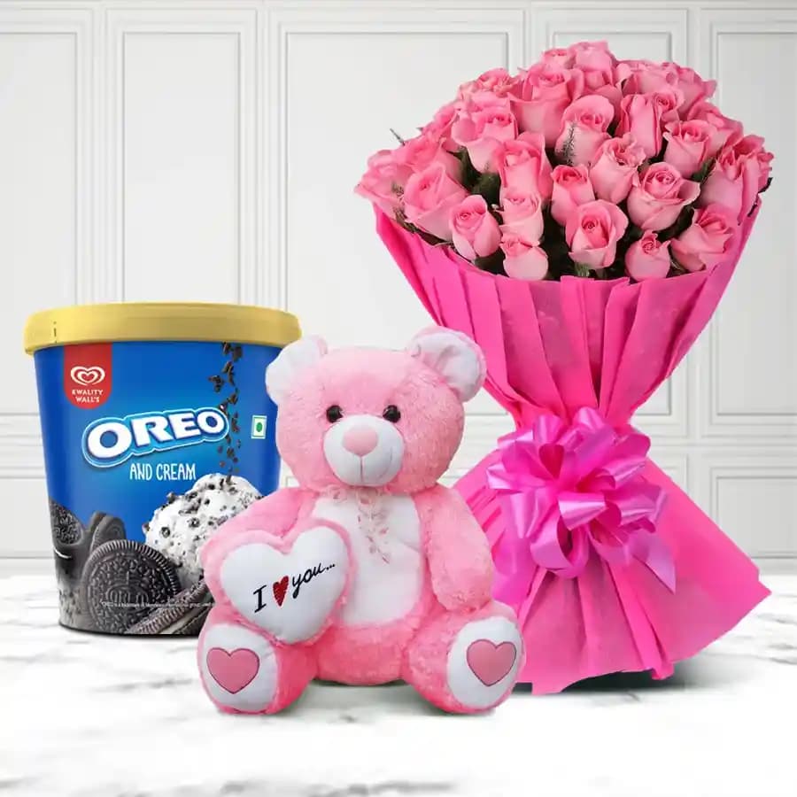 Mesmerizing Pink Roses with Kwality Walls Oreo Ice Cream n Love Teddy