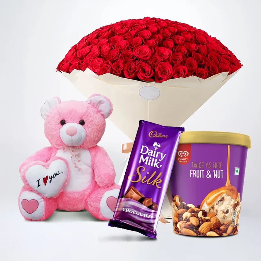 Magnificent Red Roses n Kwality Walls Twin Flavor Ice Cream with Teddy n Cadbury Silk