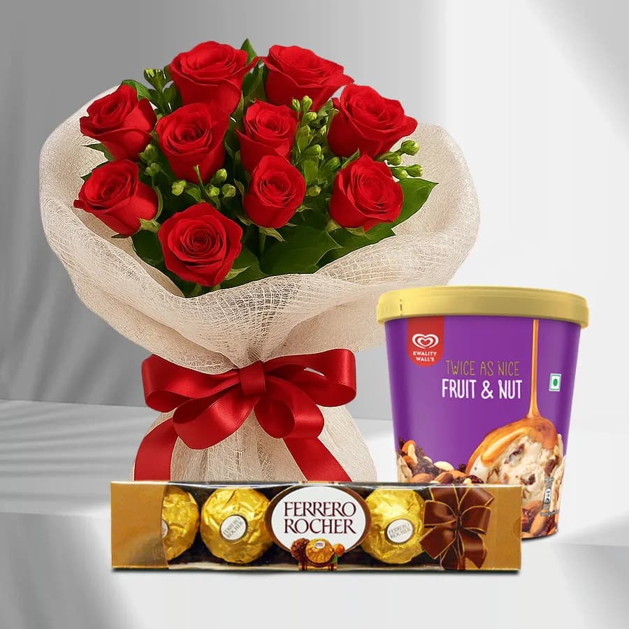 Luminous Red Roses Bouquet with Kwality Walls Twin Flavor Ice Cream n Ferrero Rocher