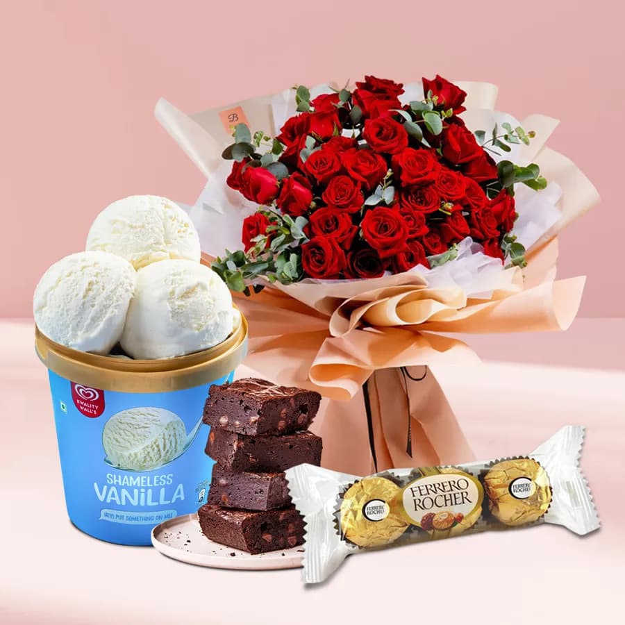 Mesmerizing Red Roses n Kwality Walls Vanilla Ice Cream with Brownie n Ferrero Rocher