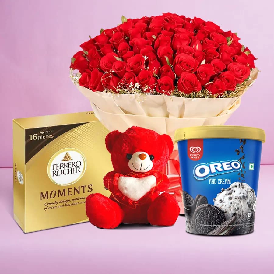 Radiant Red Roses n Kwality Walls Oreo Ice Cream with Ferrero Moments n Teddy