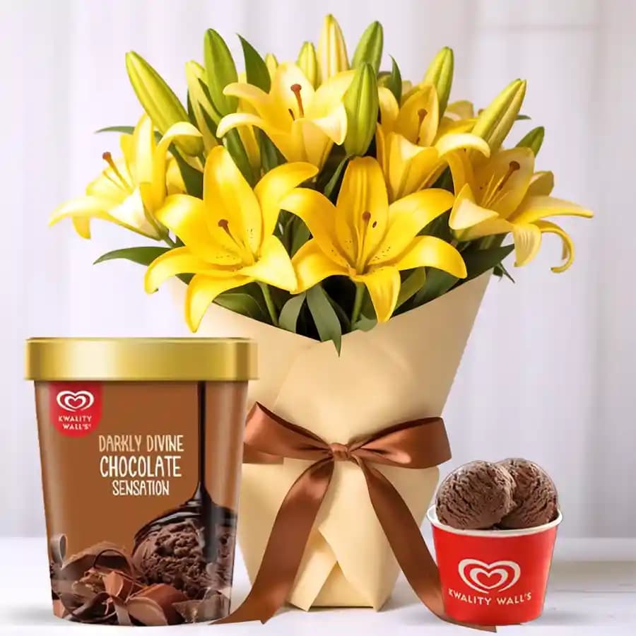 Bright Yellow Lilies Bouquet with Chocolate Ice-Cream from Kwality Walls