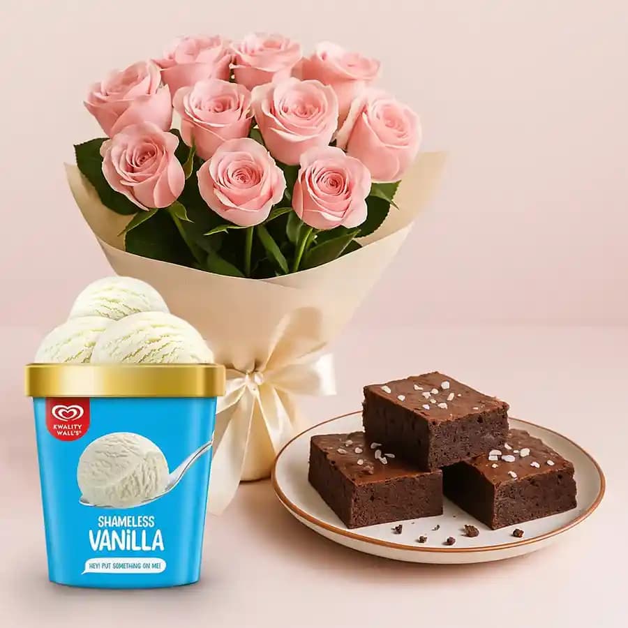 Classic Pink Roses with Chocolate Brownie n Kwality Walls Ice Cream