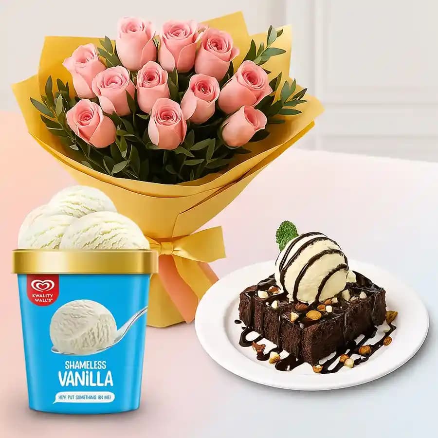Classy Pink Roses with Chocolate Walnut Brownie n Kwality Walls Ice Cream