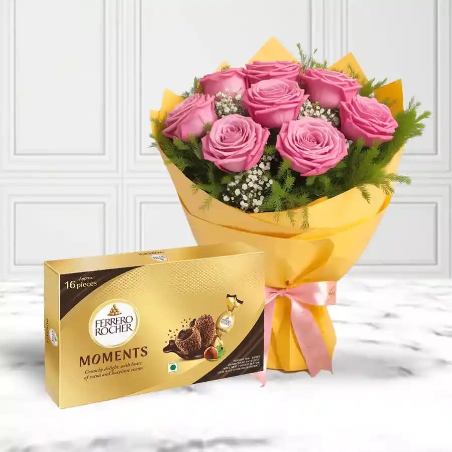 Graceful Pink Roses Bouquet n Ferrero Rocher Moments Chocolates
