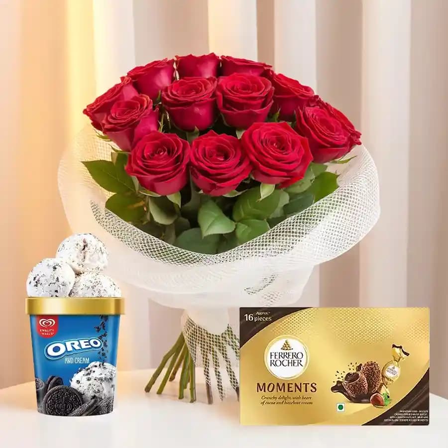 Magnificent Red Roses Bouquet n Kwality Walls Ice Cream with Ferrero Rocher Moments