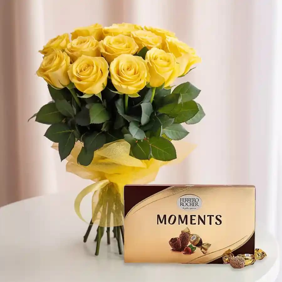 Wonderful Bouquet of Yellow Roses with Ferrero Rocher Moments
