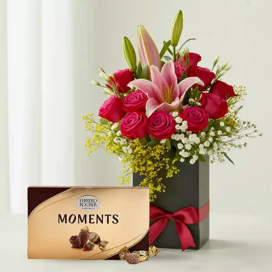 Admirable Red Roses n Pink Lilies Gift Box with Ferrero Rocher Moment