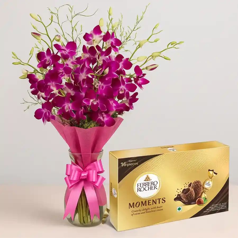 Artistic Bouquet of Orchids with Ferrero Rocher Chocolate Box