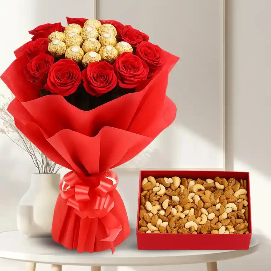 Stunning Bouquet of Roses n Ferrero Rocher with Mix Dry Fruits Box