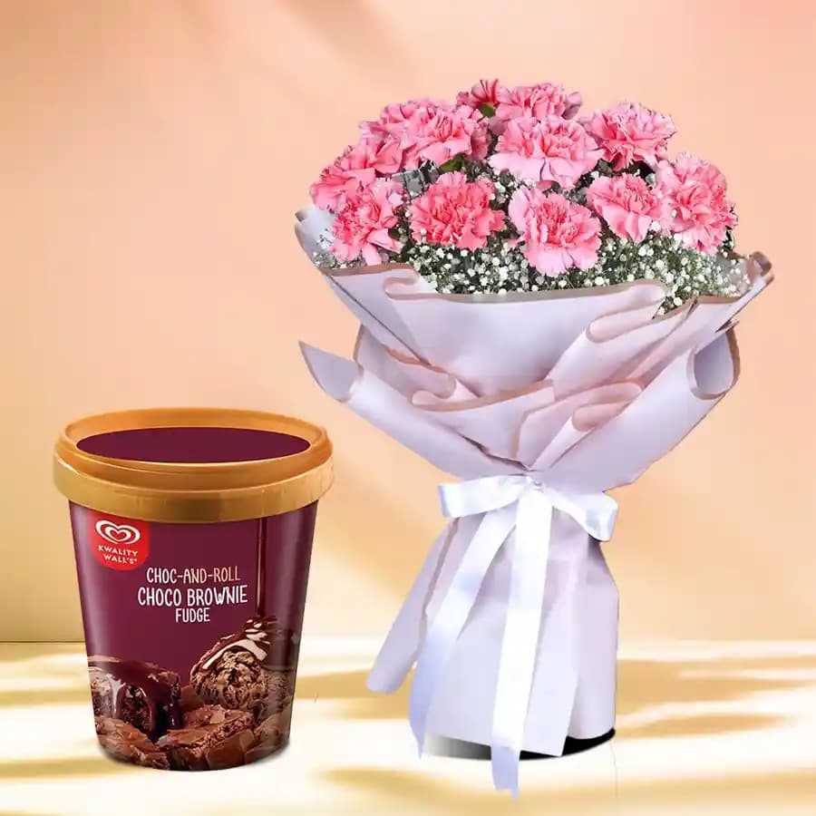 Exotic Bouquet of Pink Carnation with Kwality Walls Choco Brownie Fudge Ice Cream