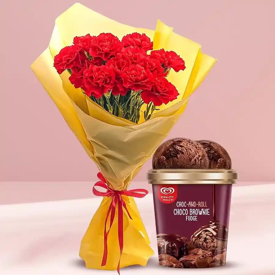 Dreamy Red Carnation Bouquet with Kwality Walls Choco Brownie Fudge Ice Cream