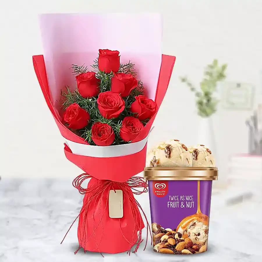 Premium Red Roses Bouquet with Fruit n Nut Ice-Cream from Kwality Walls