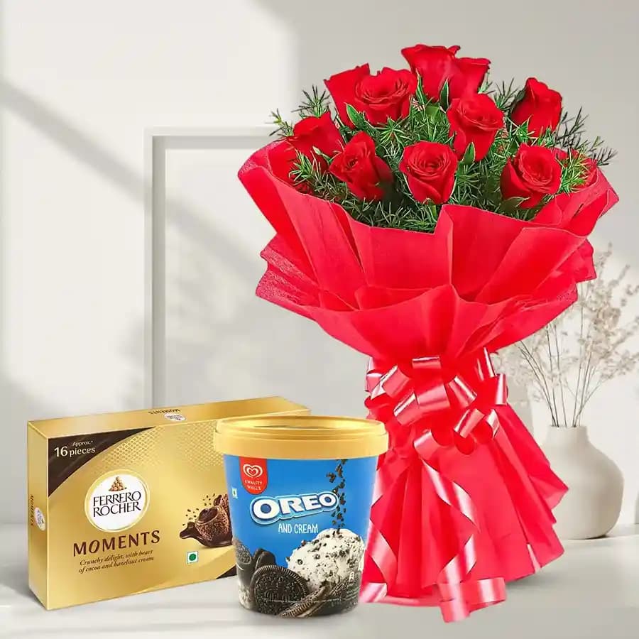 Exotic Red Roses with Kwality Walls Ice Cream N Ferrero Rocher Moments