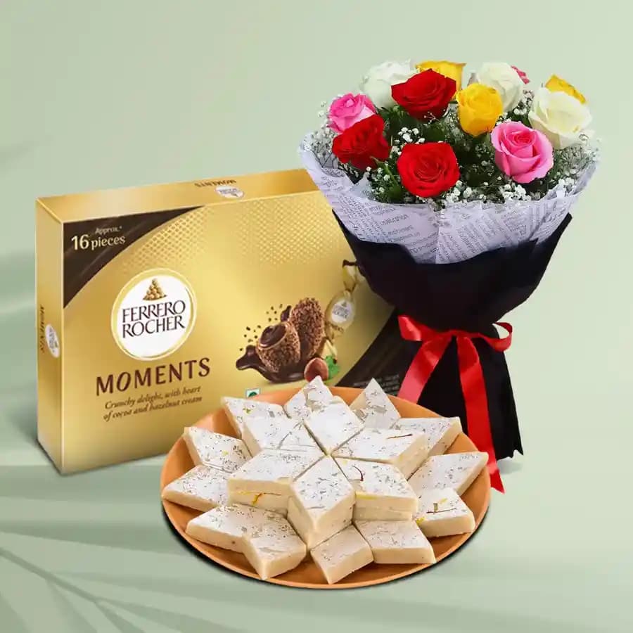 Delightful Mixed Roses Bouquet with Kaju Barfi N Ferrero Rocher Moments