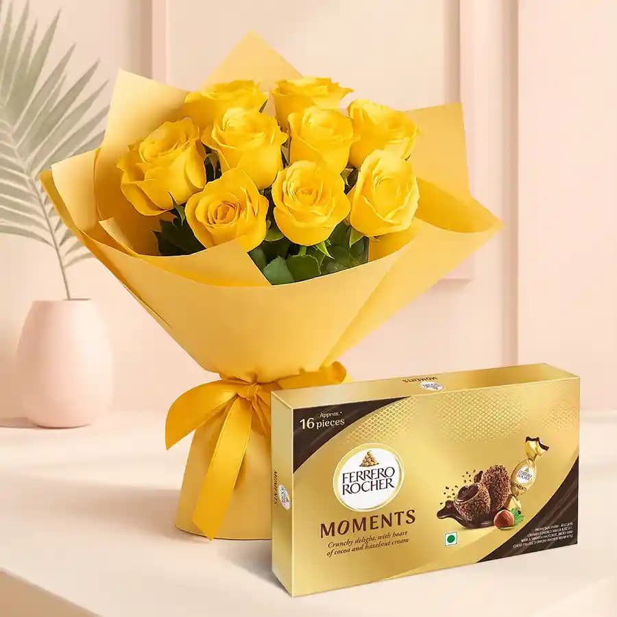 Bright Bouquet of Yellow Roses with Ferrero Rocher Moment Chocolate Box