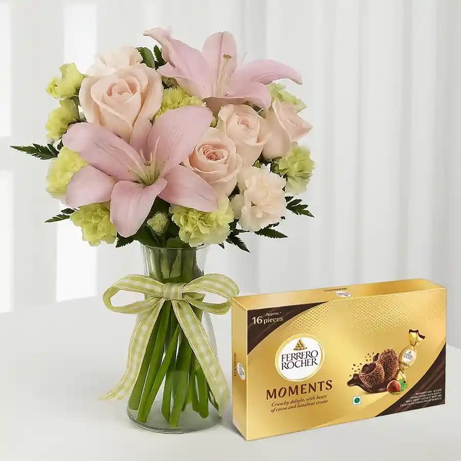 Stunning Bunch of Mixed Flowers with Ferrero Rocher Moment Chocolate Box