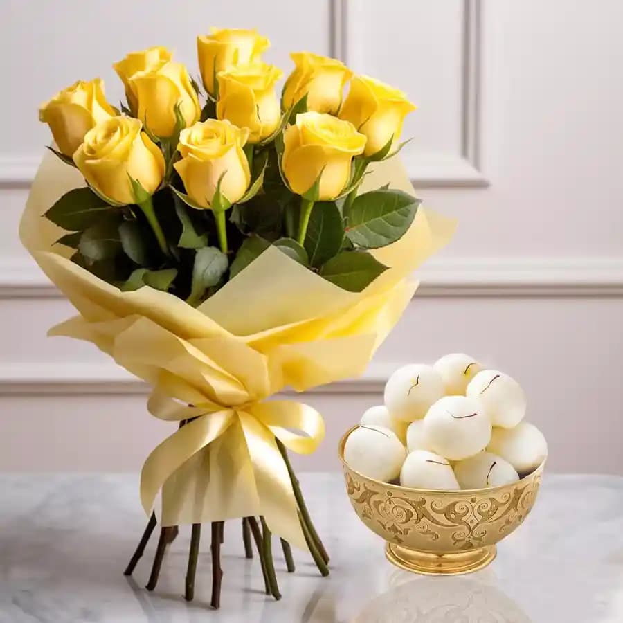 Classic Bouquet of Yellow Roses with Pack of Haldiram Rasgulla