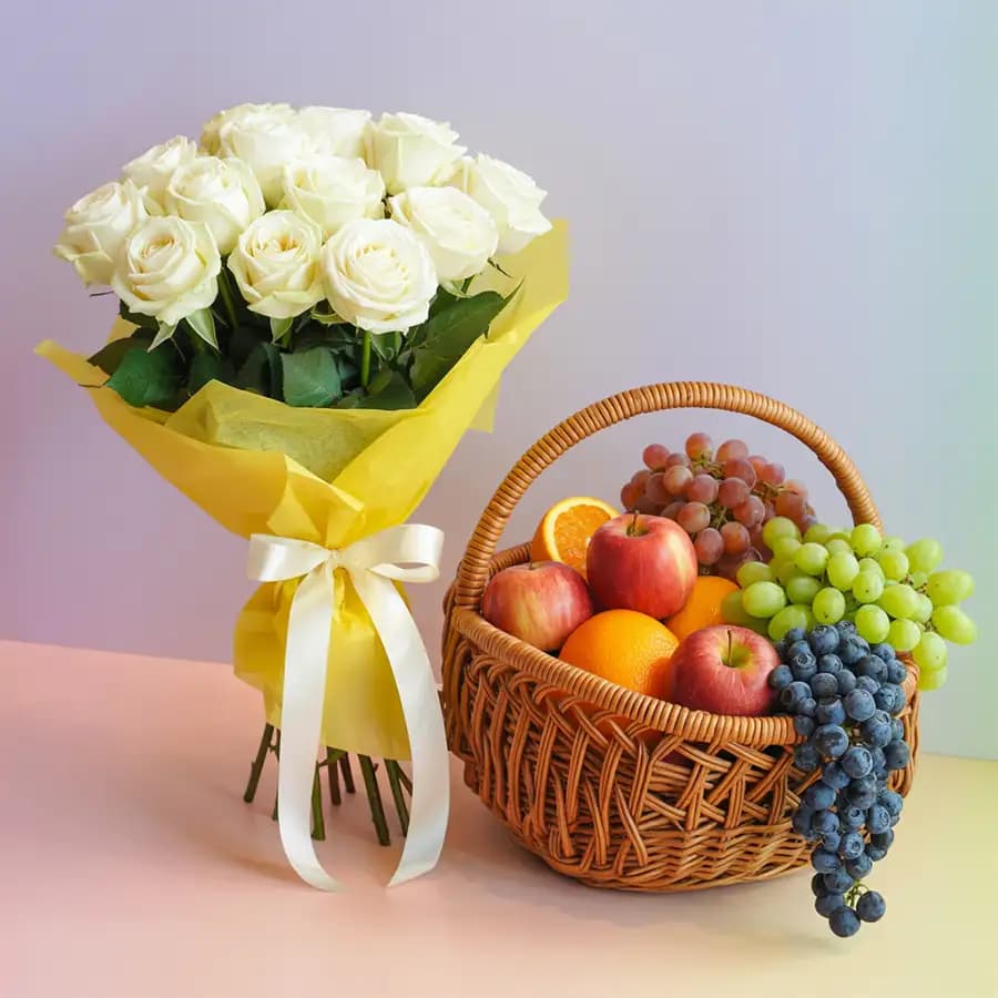 Deeply Missed White Roses Bouquet with Fresh Fruits
