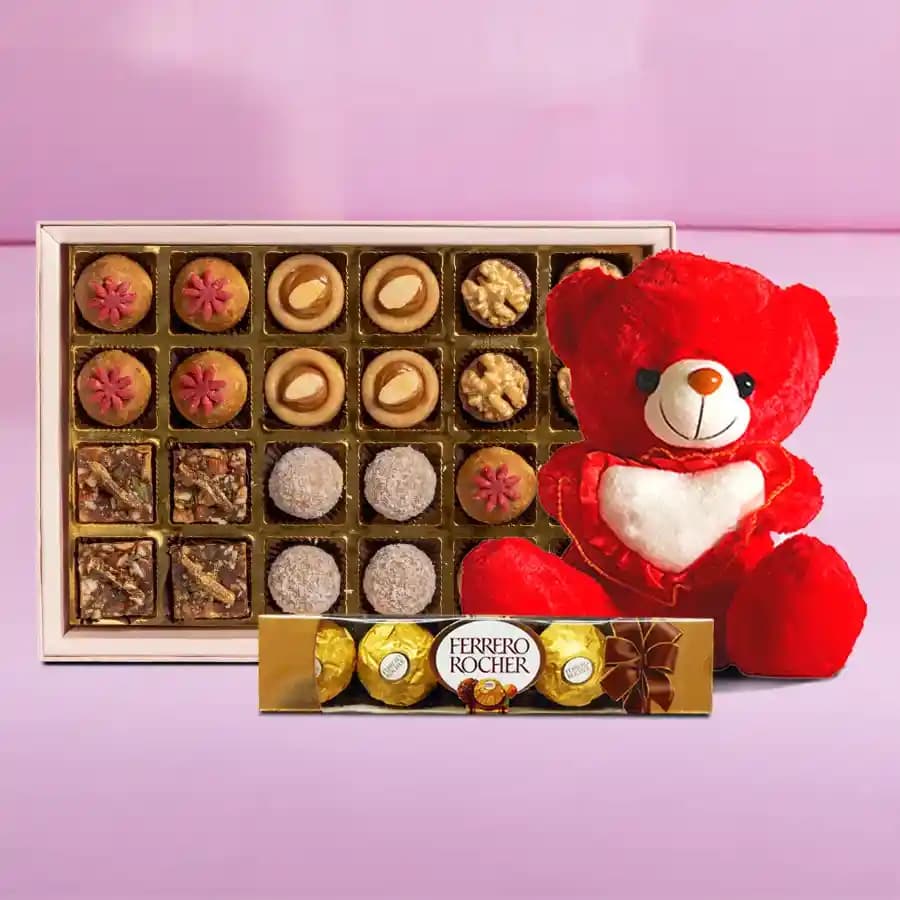 Golden Star Mix Mithai from Bikanerwala with a Teddy N Ferrero Rocher