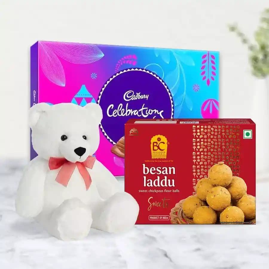 Besan Ladoo with Teddy N Cadbury Celebration Chocolate Pack