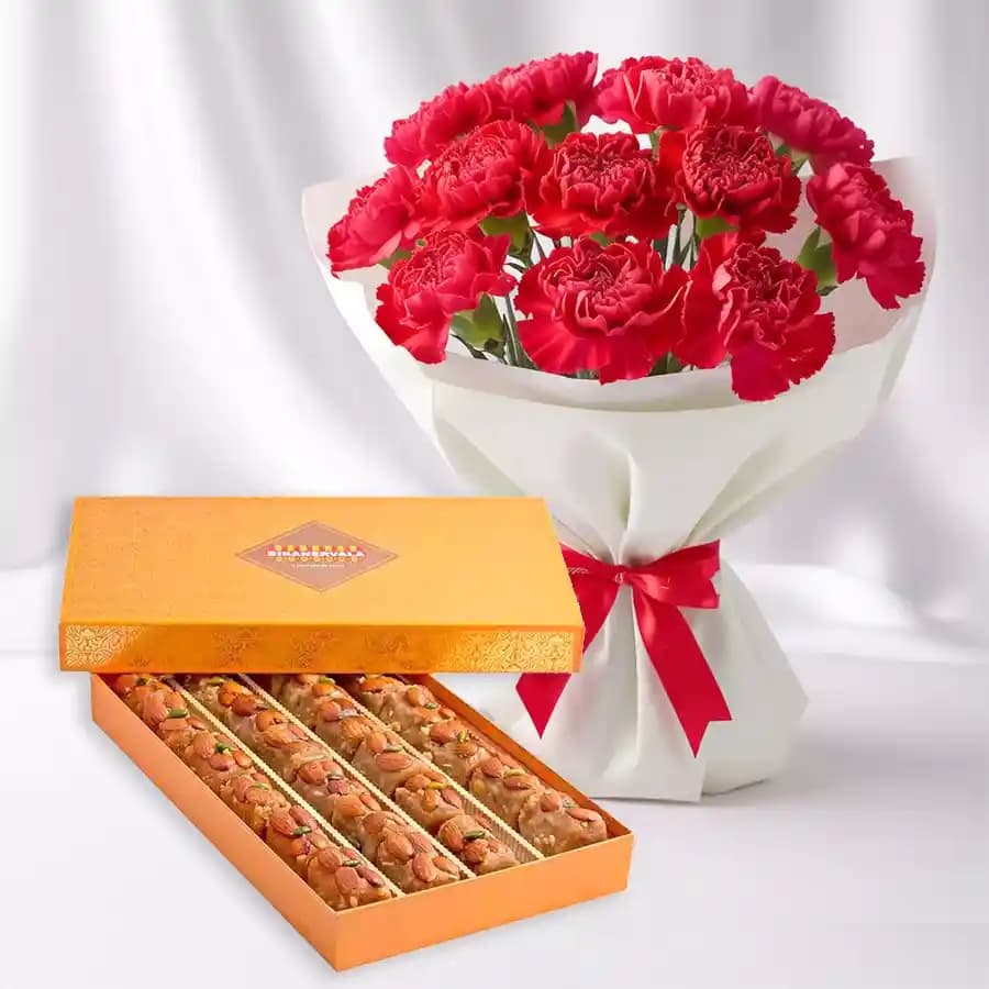 Bikanervala Pinni Special with Red Carnation Bouquet