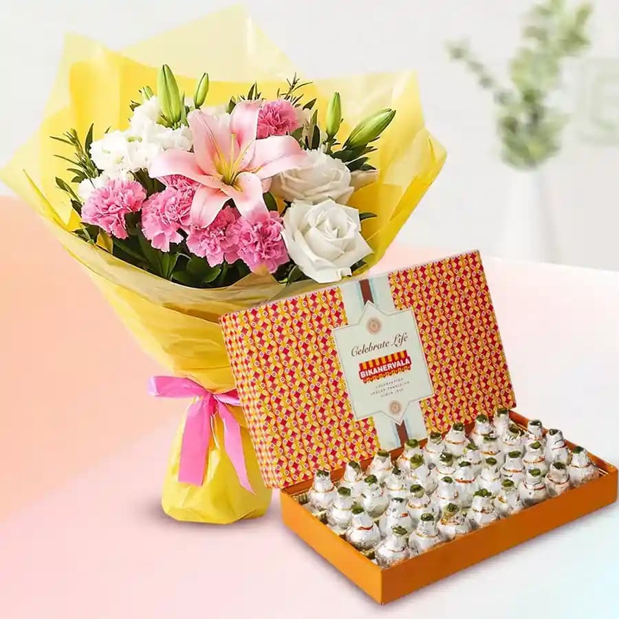 Bikanervala Kaju Kalash with Seasonal Flower Bouquet