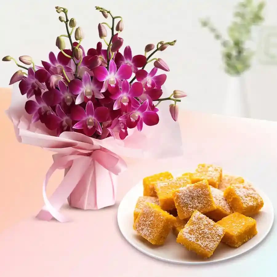 Coconut Burfi with Orchid Bouquet