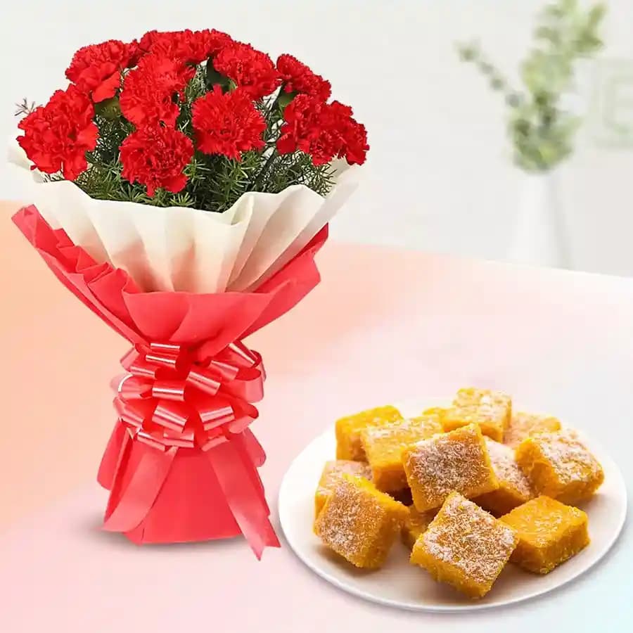 Coconut Burfi with Red Carnation Tissue Wrapped Bouquet