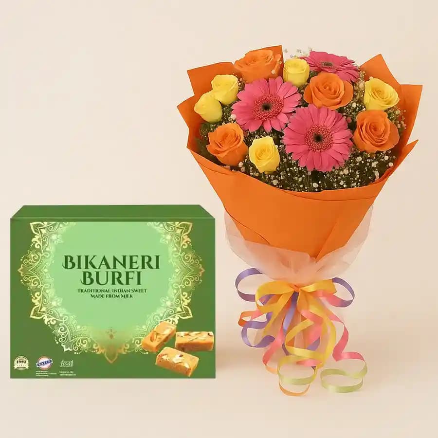 Bikaneri Burfi with Seasonal Flower Bouquet