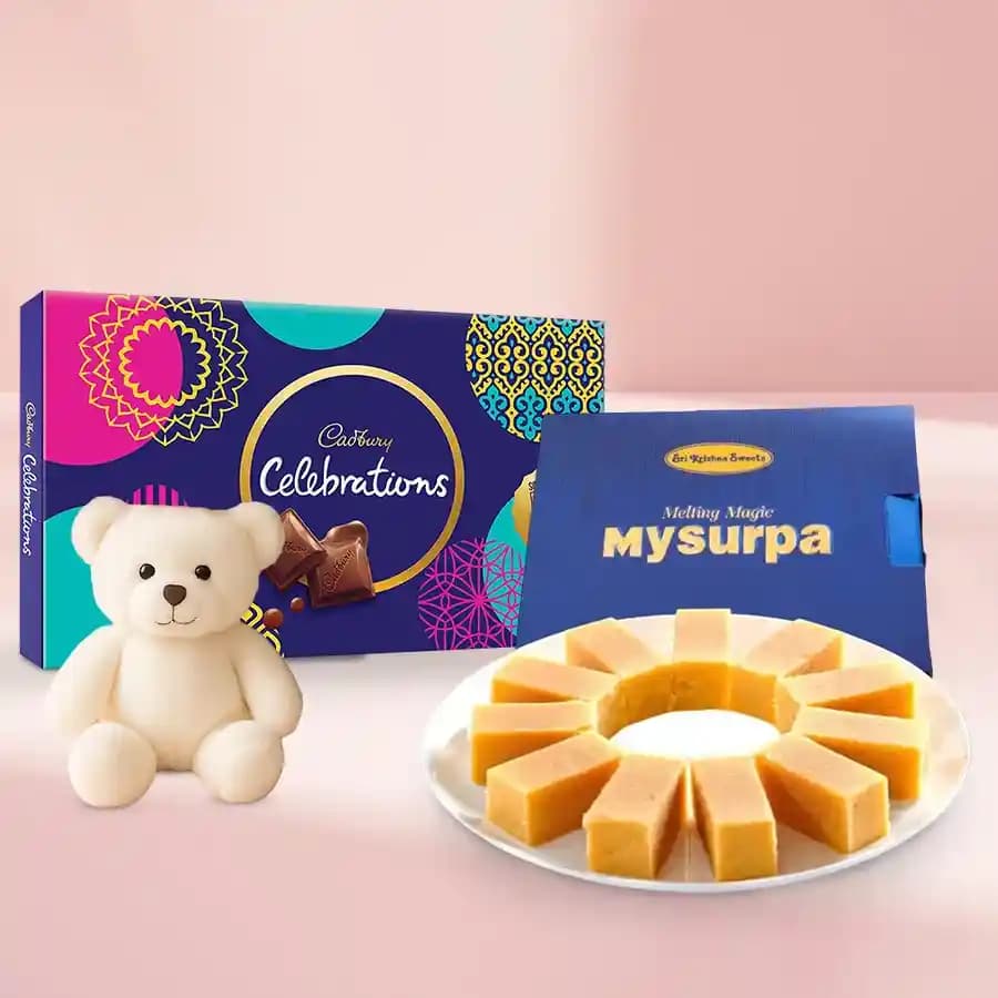 Mysurpa from Sri Krishna Sweets with Teddy N Cadbury Celebration Chocolate Pack