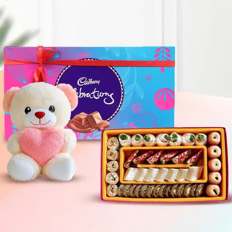 Assorted Dry Fruit Sweets from Adyar Ananda Bhawan with Teddy N Cadbury Celebration